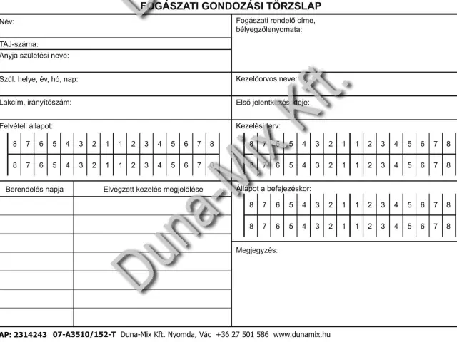 Fogászati gondozási törzslap